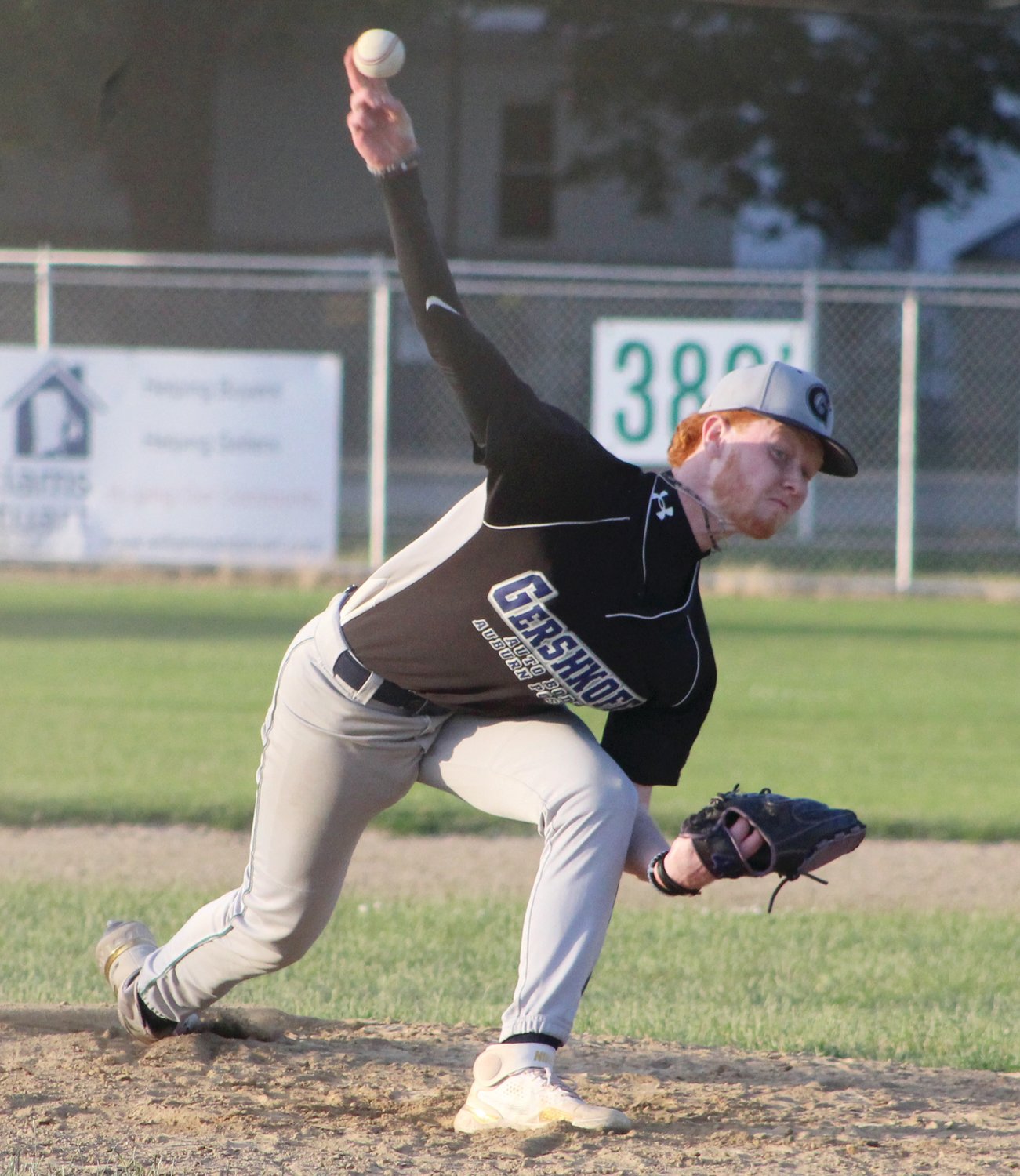 FROM THE MOUND: Matt Winn throws a pitch during a double-header Monday night. Winn’s the starting pitcher for Cranston/Johnston based Legion team Gershkoff Auburn Post 20. (Herald photo by Ryan D. Murray)